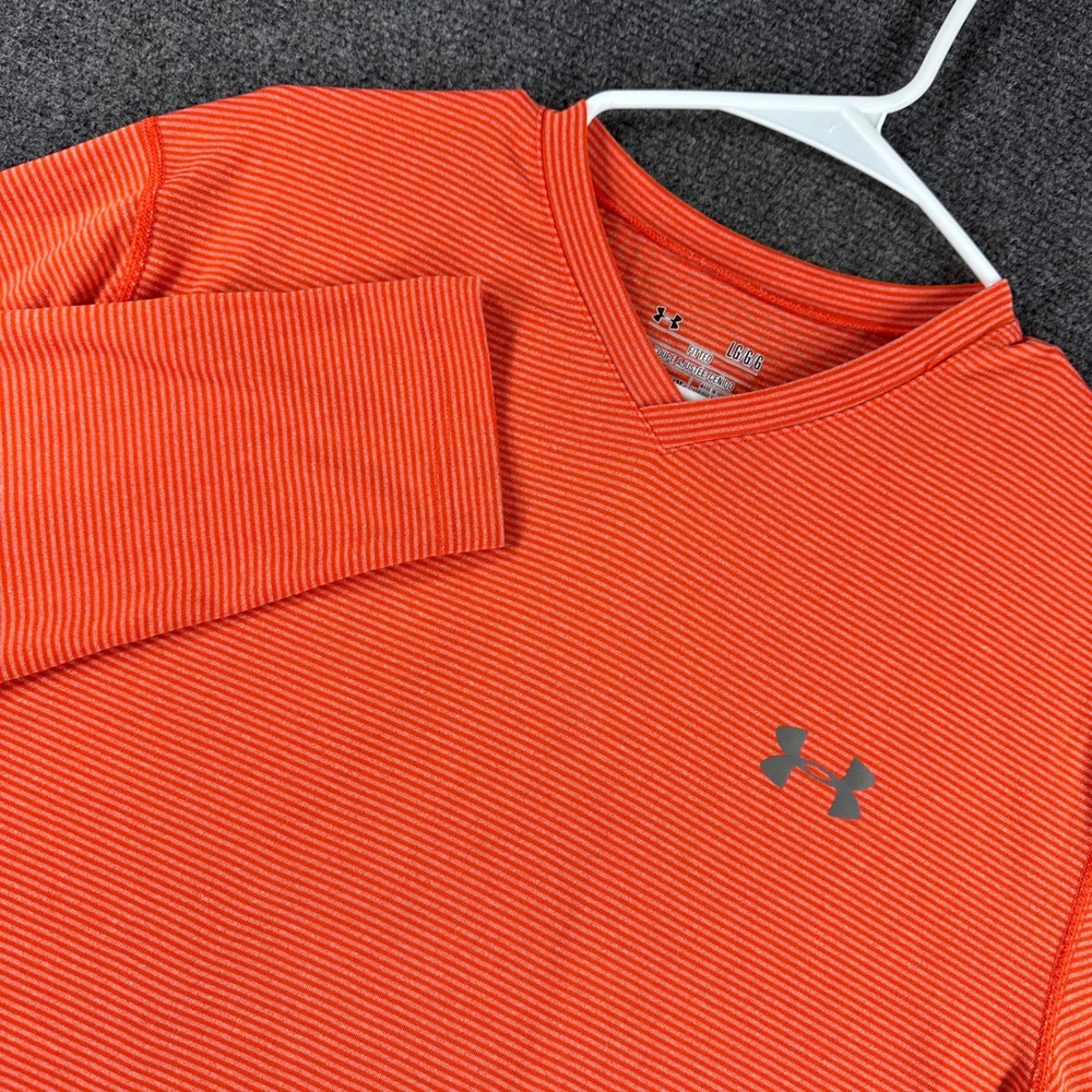 Under‎ Armour ColdGear Shirt Mens LG Large Orange Striped Long Sleeve V-Neck